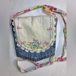 Women’s Handmade/Upcycled Crossbody Purse, Vintage Doilie/Denim, Handstitching
